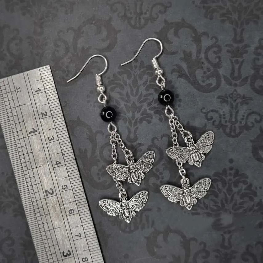 Skull Moth earrings,Gothic jewelry,black beads,Vintage,witchcraft accessories,pagan,death moth,magic,Ear hooks For Women Girls view 2