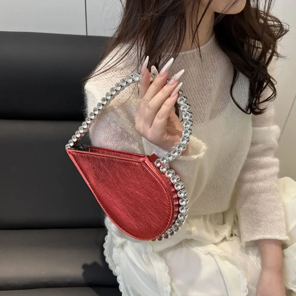 Rhinestone Evening Banquet Bag Large Capacity Messenger Purse Love Shape Handbag Wrist Bag Metal Handle Ladies Clutch Bag