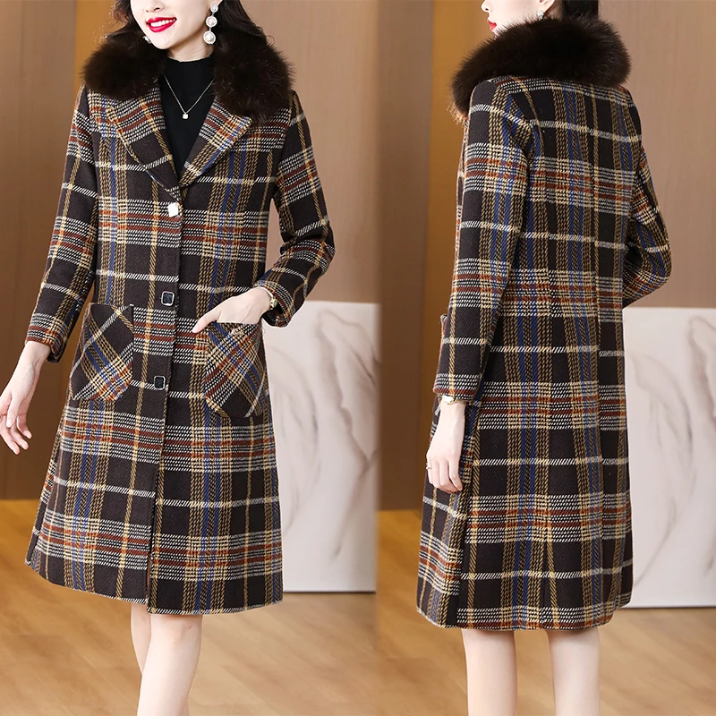 2023 Winter New Checkered Printed Fashion Cotton Coat for Women's Mid length Plush Neck Loose Large Size Slim Knee Length Coat