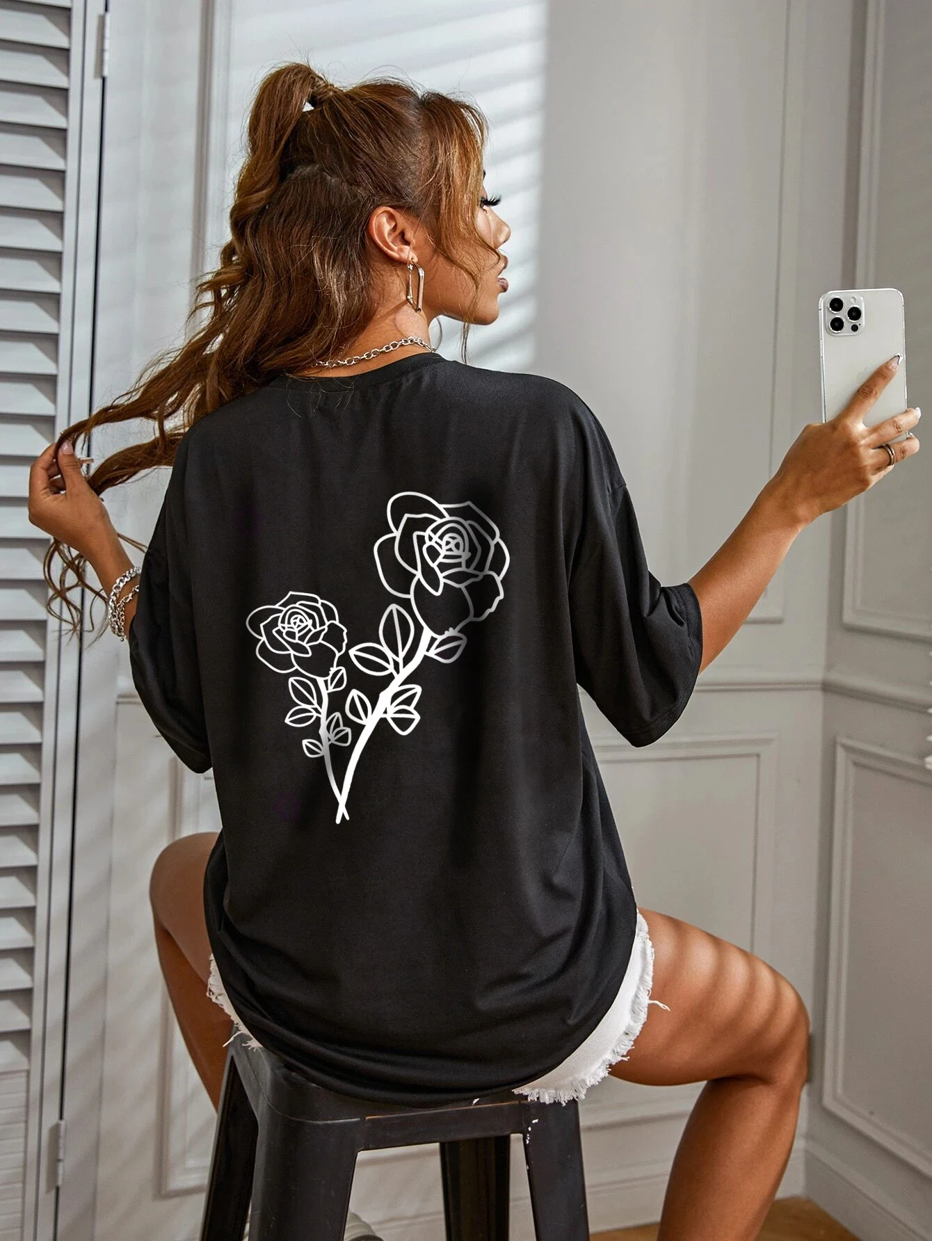 New Fashionable Casual Black T-shirt Clothing Simple Round Neck Short Sleeve Women's Top Loose Printed T-shirt