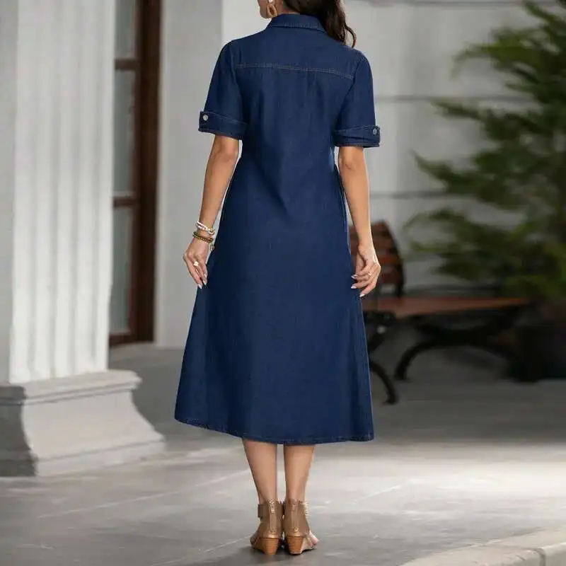 

218665 Women's New Denim Collar Short Sleeved Cardigan with a Cinched Waist and Fitted Dress Dress Robe Vestido Women Party