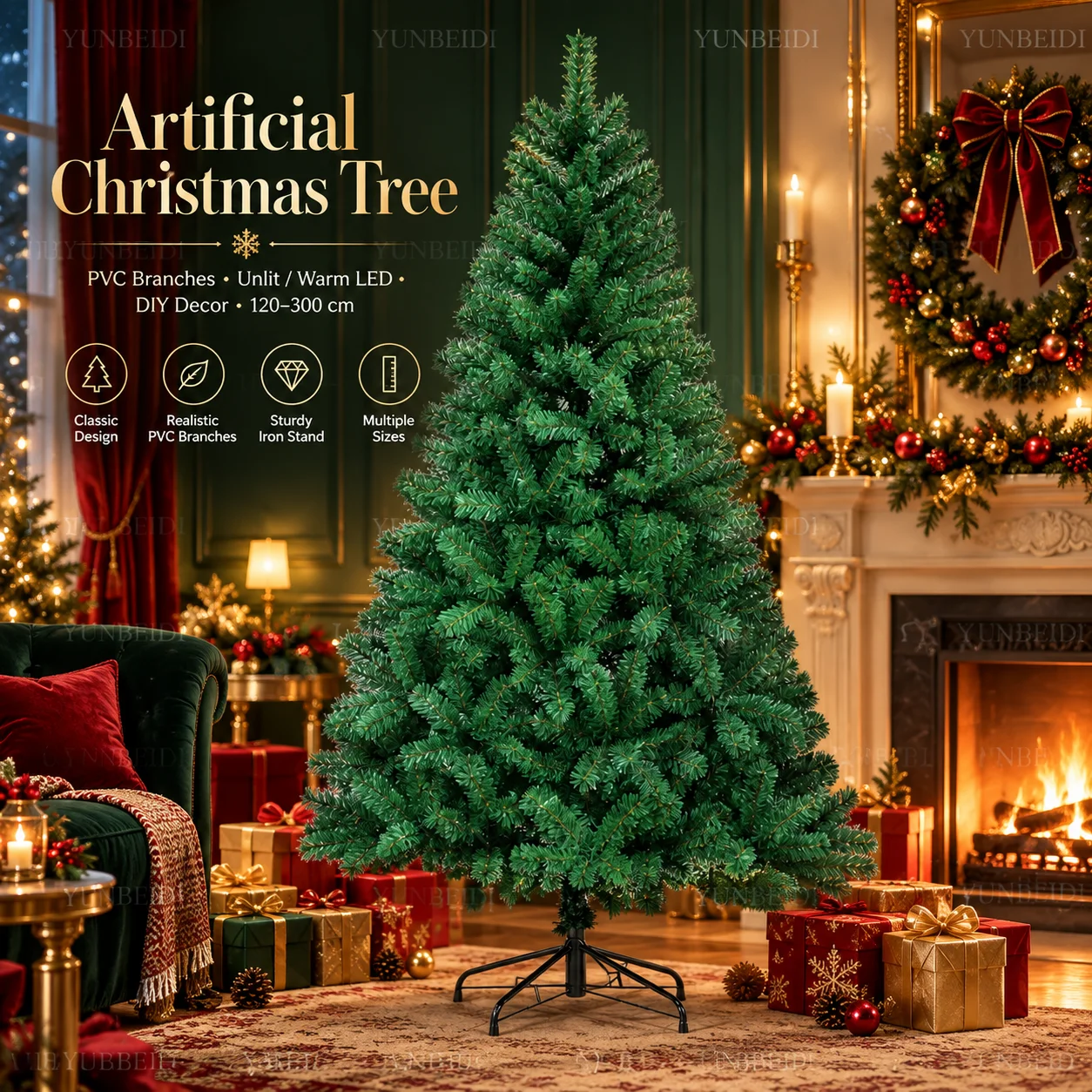 Large Artificial Christmas Tree Green PVC Encryption 120cm-300cm with LED Lights Can DIY Decor Home Christmas Party Decorations
