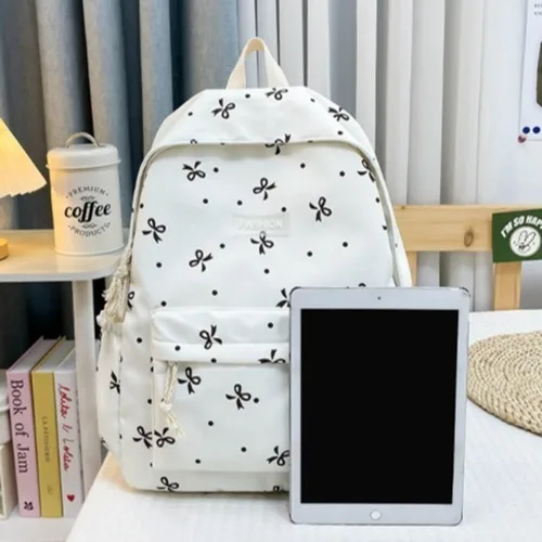 Imagen 2 del producto Mochila con estampado de lazo de material de nailon, correas ajustables, multibolsillos, gran capacidad, mochila escolar, diseño acolchado Harajuku