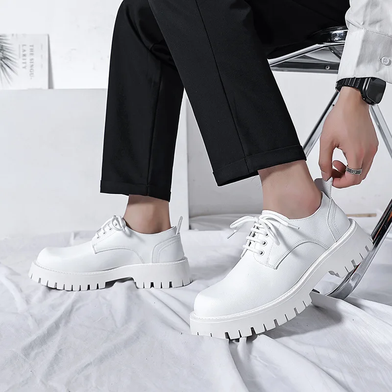

men fashion wedding party dress platform shoes lace-up original leather derby shoe black white sneakers gentleman footwear male
