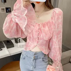 Chiffon Pink Puff Sleeve Shirt Women New Shirt Chic Design Niche Short Top