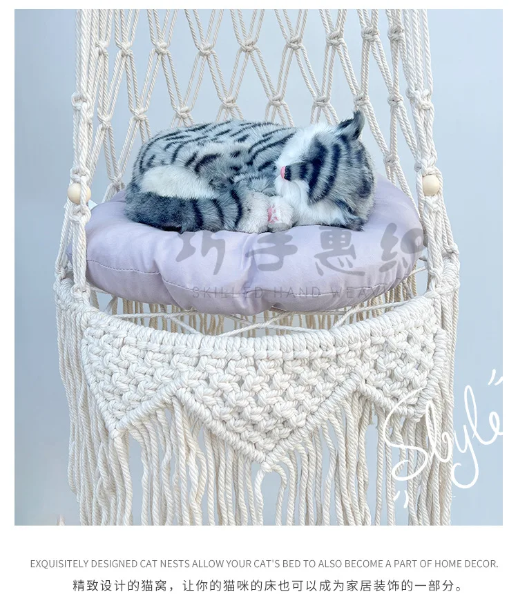 E5 Boho Macrame Hanging Pet Bed Cat Dog Swing Cotton Rope Long Tassel Basket Fringe Hand Woven Indoor Cat Hammock Nest Mesh Bag