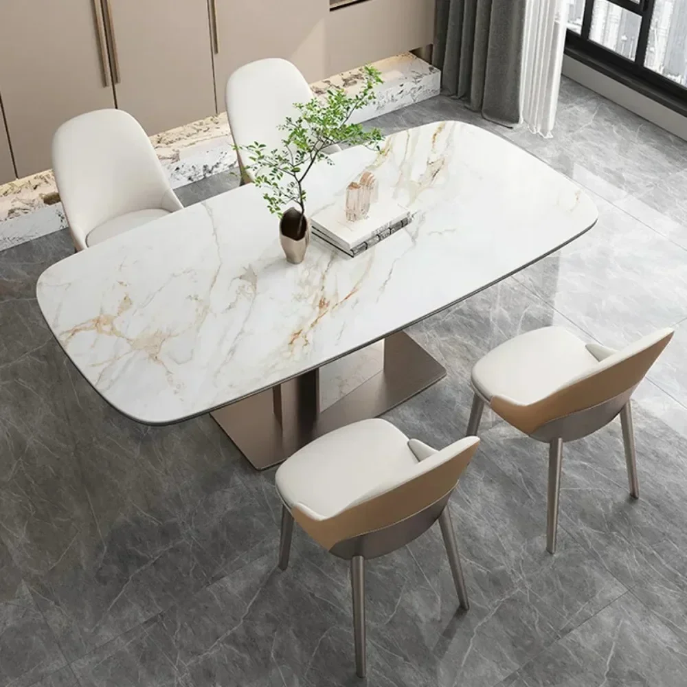 Light Luxury Glossy Rock Slab Dining Table Modern Minimalist Rectangular Creative Dining Table And Chairs Set Mesa Furniture