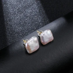 12-13mm Baroque Natural Freshwater Pearls Colorful Square Stud Earrings 925 Sterling Silver Vintage Advanced Fashion for Women