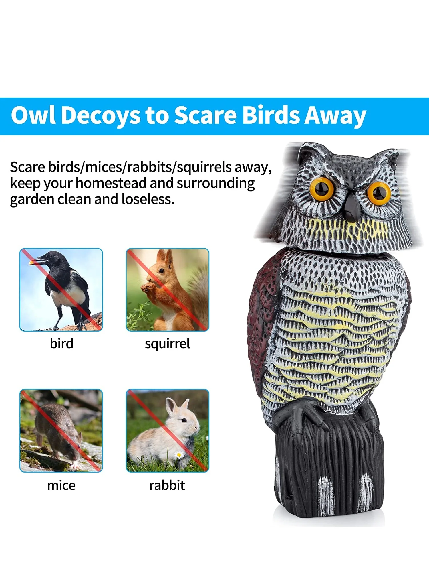 Fake Owl Decoy Plastic Owl Scarecrow Sculpture with Rotating Head and Sound for Garden Yard Bird Repellent Outdoor