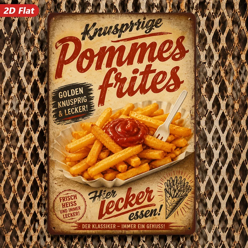 2D 2D Flat, 1pc Vintage French Fries Metal Sign Wall Art, Golden Crispy Fries, Red Tomato Ketchup, Retro German Wording, Distressed - Aliexpress Deal