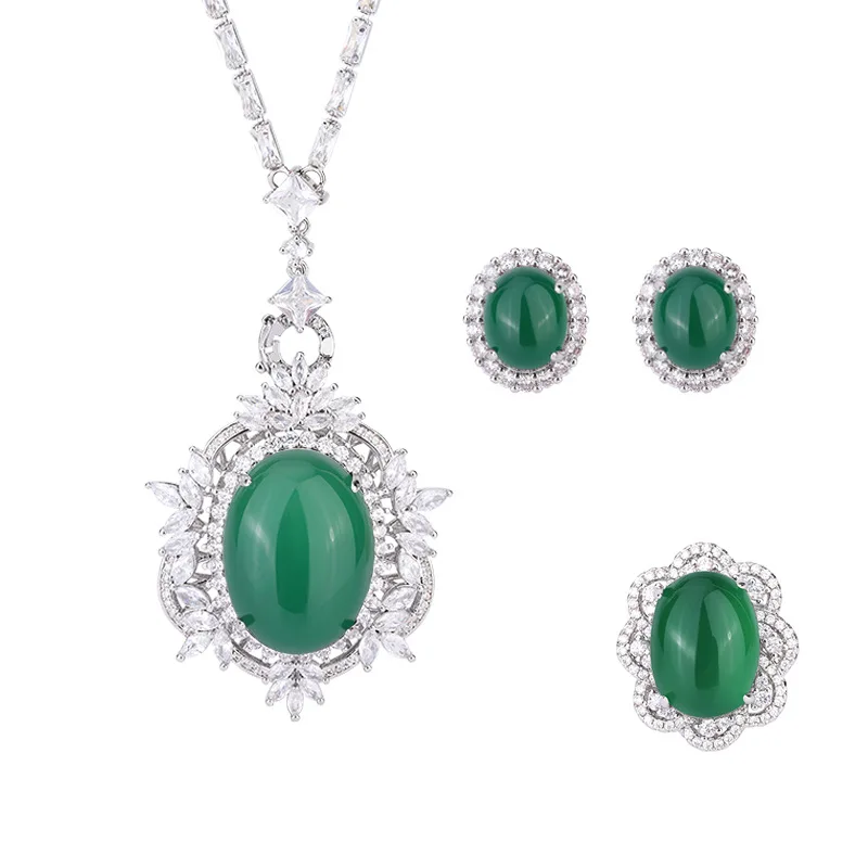 Jewelry Gold-Plated Internet Celebrity Hot Sale Retro Oval Green Chalcedony Plain Full Diamond Inlaid Set Main Stone