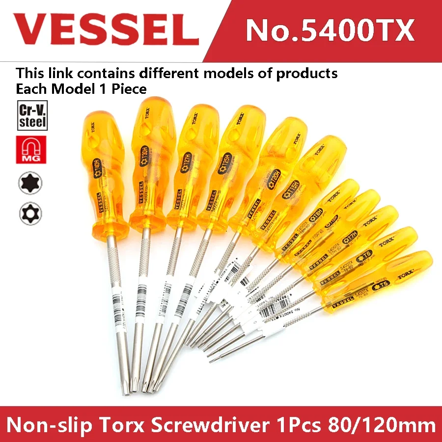 VESSEL POWER GRIP Torx Screwdriver 1Pcs 80/120mm Non-slip Screwdriver Handle Made in Japan No.5400TX Series