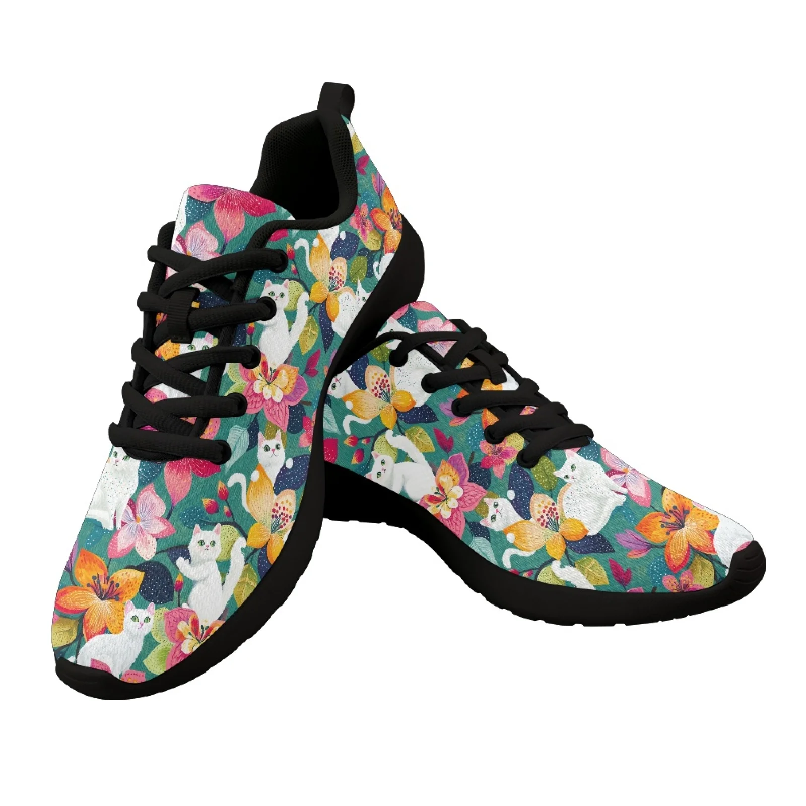 Cute Cat Flowers Print Summer Mesh Ladies Sneakers Sport Jogging Running Shoes For Woman Lace Up Flats Casual Shoes Tennis Shoes