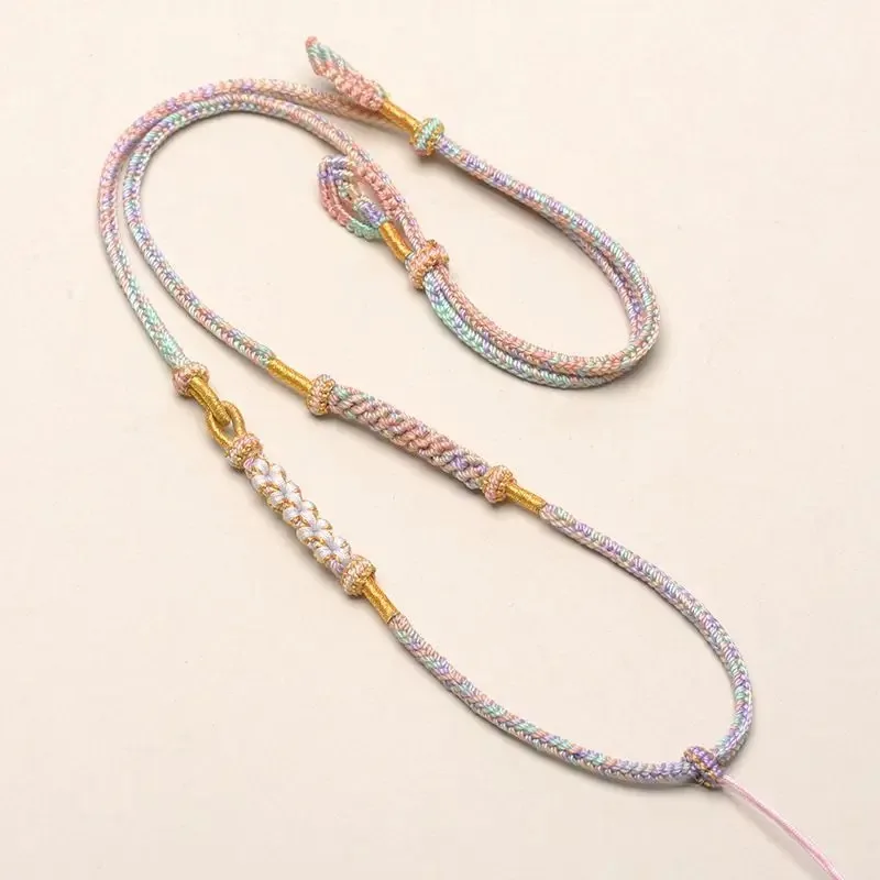 Hand‑Braided 8‑Strand Peach Blossom Pendant Necklace Cord Adjustable Jade Gold Pendant Lanyard Sweater Chain for Men Women