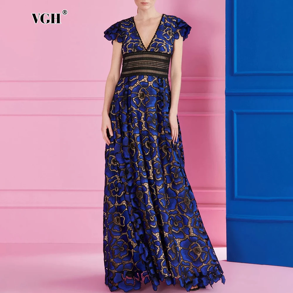 

VGH Embroidery Vintage Hollow Out Dresses For Women V Neck Flying Sleeve High Waist Elegant Slimming Long Dress Female Fashion