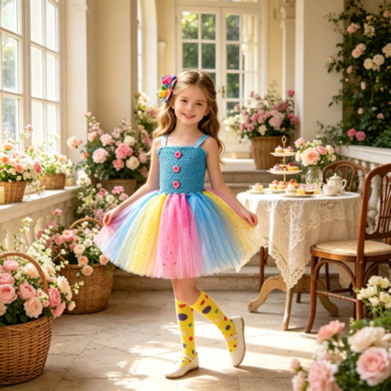 

Girls' clown sequined tulle tutu dress, colorful princess dress for kids, perfect for Halloween parties and stage performances