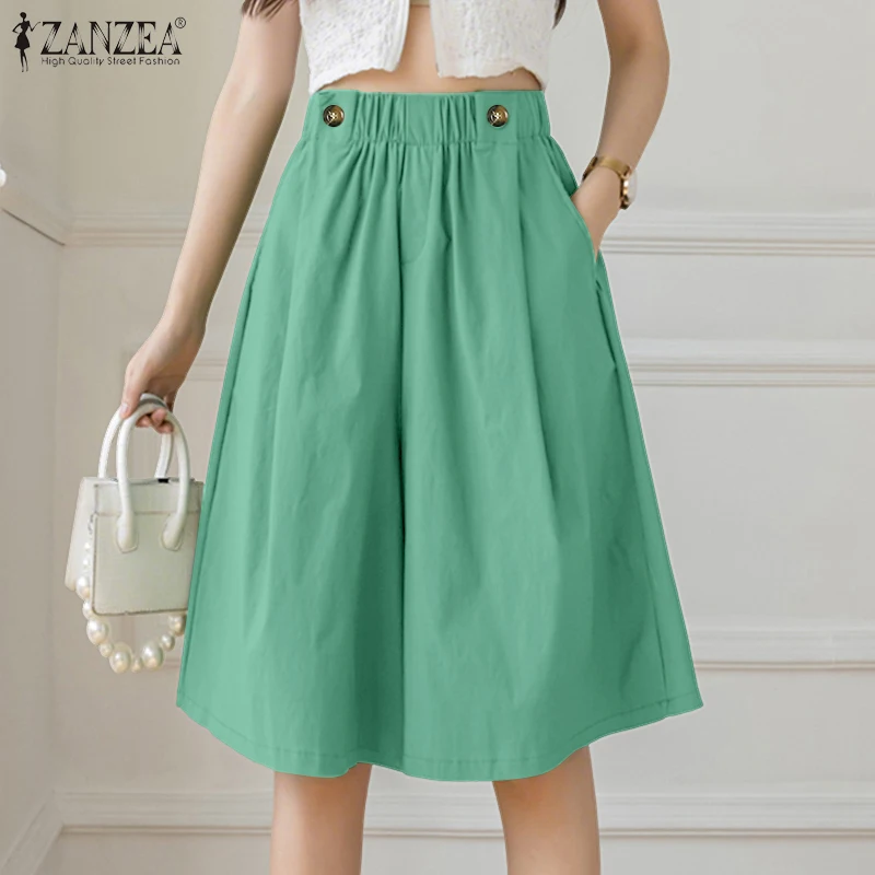 

ZANZEA женские шорты, модные широкие брюки с высокой талией, лето 2021, брюки с эластичной резинкой на талии, повседневные однотонные винтажные шорты с карманами