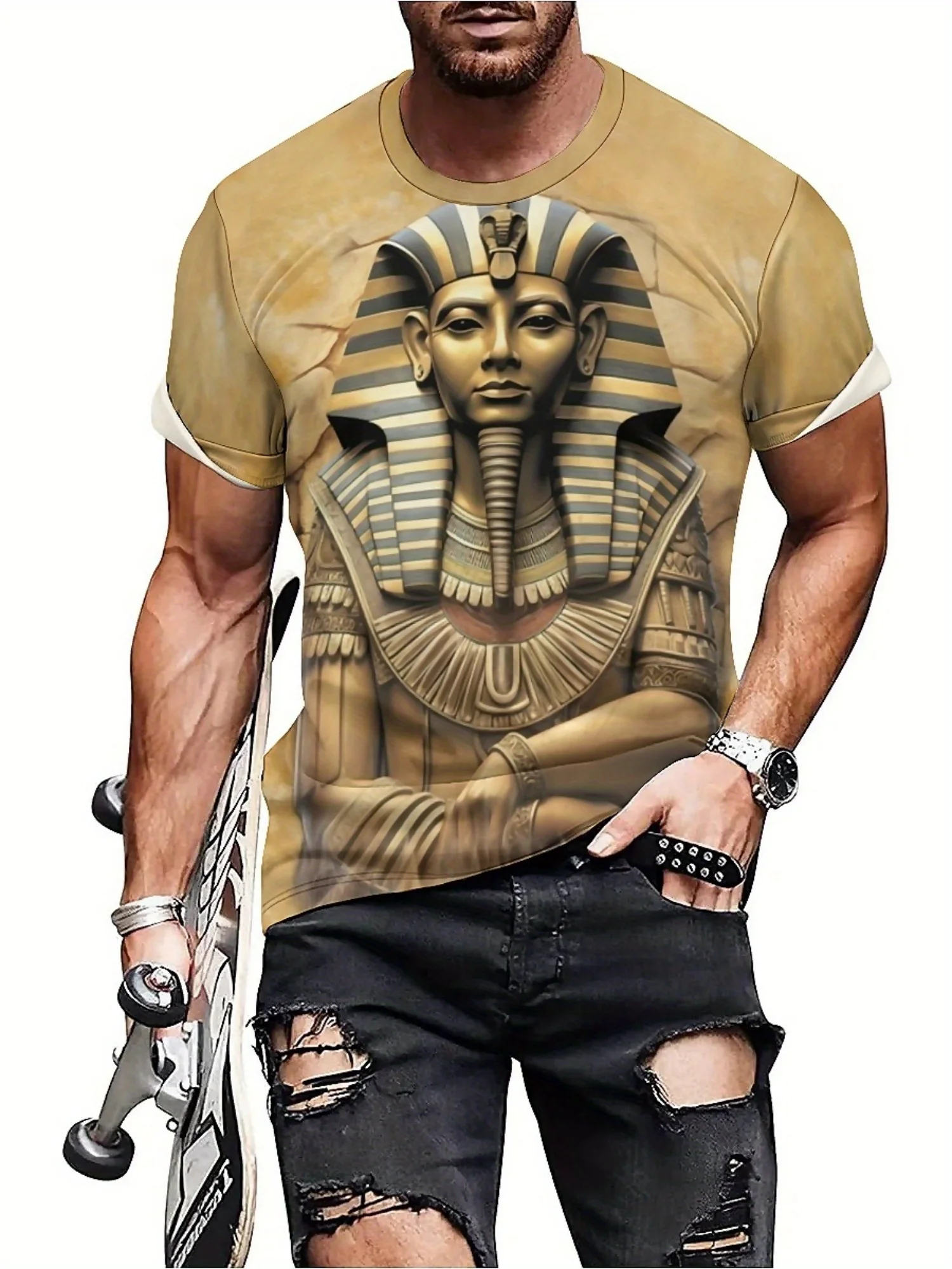 Camiseta masculina plus size com estampa 3D do faraó egípcio – estilo retrô Y2K respirável e confortável, manga curta com gola redonda