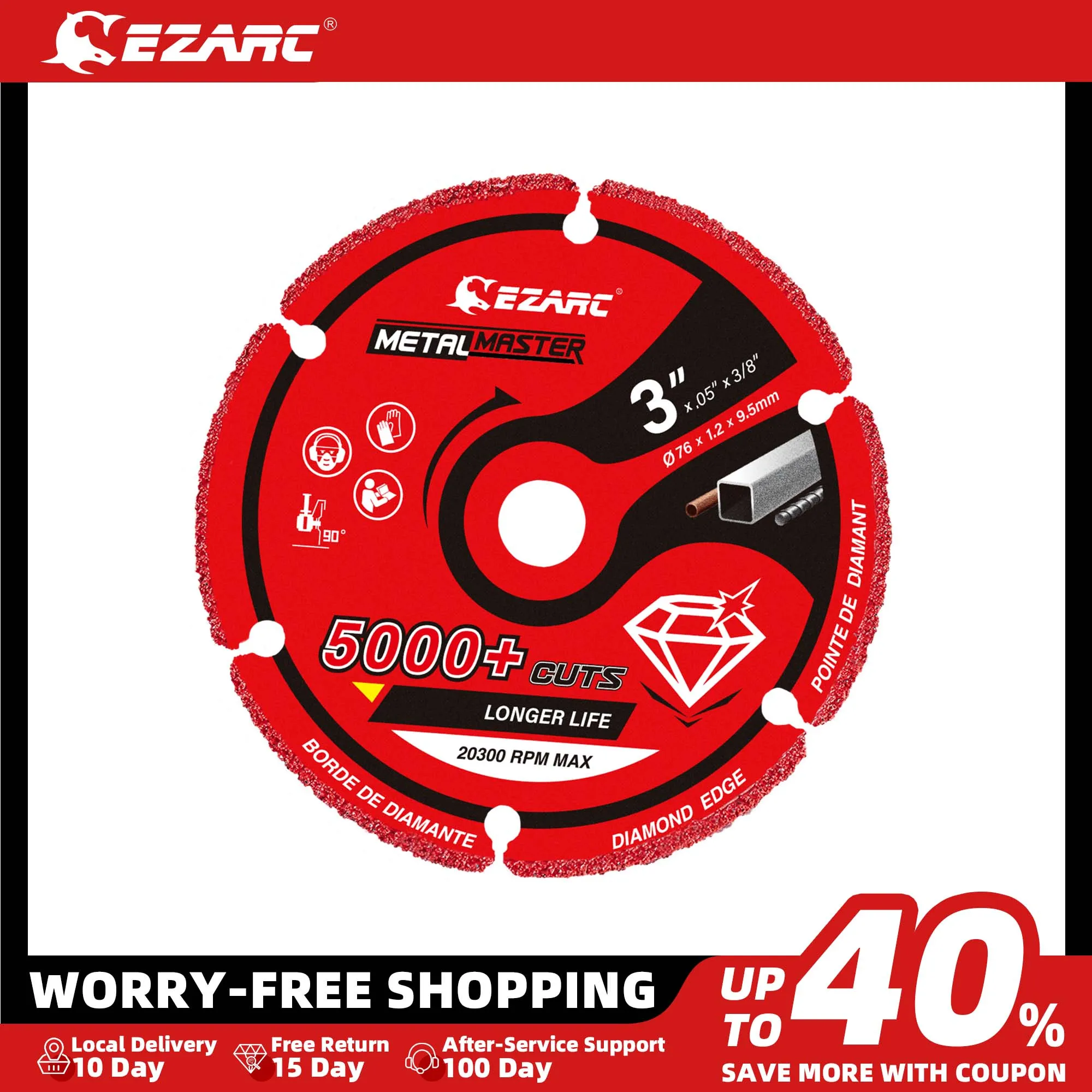 EZARC Diamond Disc Cutting Wheel for Angle Grinder 76mm x 9.5mm Diamond Metal Discs With 5000+ Cuts on Rebar Steel Iron and INOX