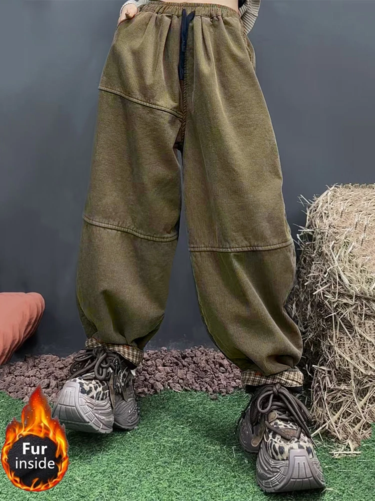 Amax luluE Winter Womens Corduroy Fur Pantalons Fashion Loose Harem Trousers Ladies Classic Casual Vintage Warm Thicken Clothing