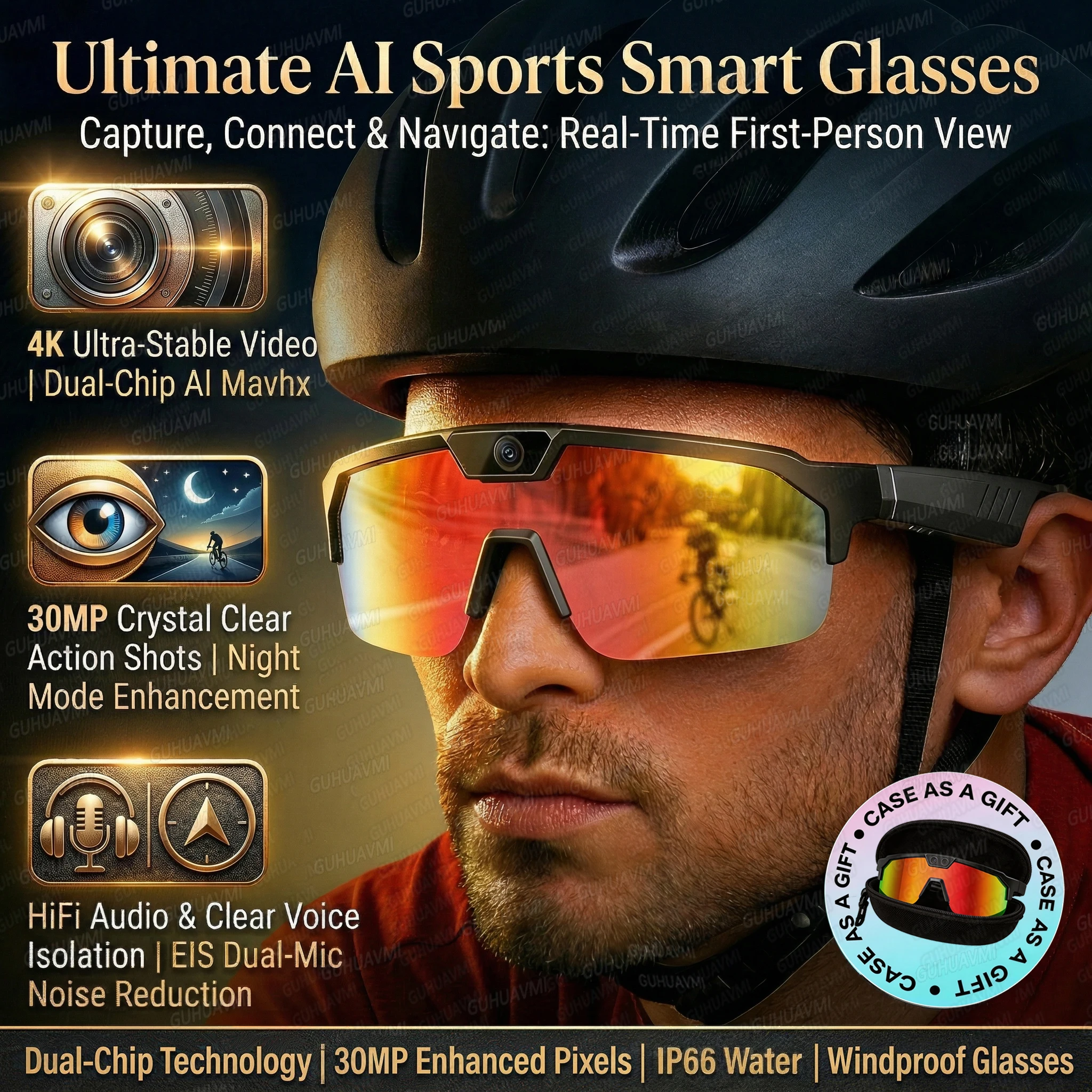 

2026New AI Smart Glasses ChatGPT 1200P Camera 30MP Anti-shake Cycling Video&Photo Sport Sunglasses DualMic 4GB Windproof Goggles