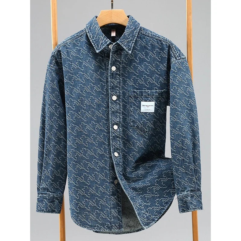 15oz Heavyweight Computer Floral Jacquard Woven Denim Shirts for Men Spring Long Sleeve Fashion Casual Coats 24SS Y2k Youth Male