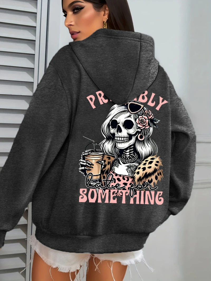 

Женская толстовка с капюшоном Probably Something Coffee Skulls, свободные удобные пуловеры, флисовая осенняя спортивная одежда, повседневная толстовка с карманами
