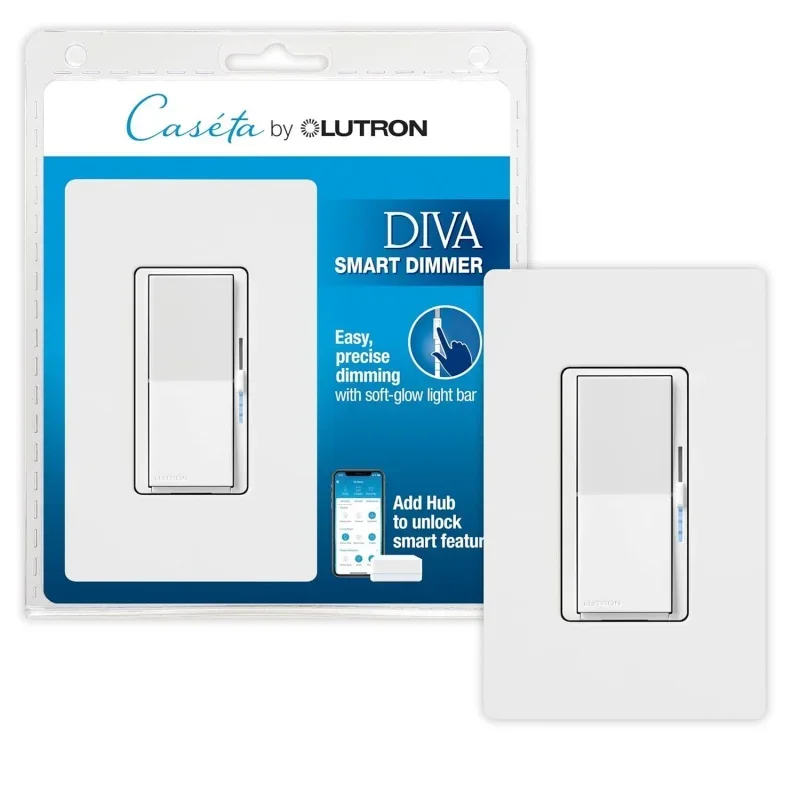 Diva Smart Dimmer Switch with Wallplate Caséta Smart Lighting | No Neutral Wire Required | DVRFW-6L-WH-A | White