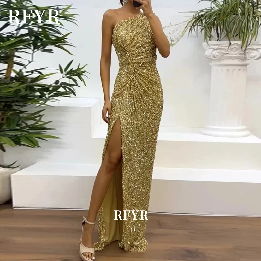 

RFYR One Shoulder Prom Dress Sequins Party Dress High Slit Evening Dress Luxury Celebrity Dress for Arabic Women Customized