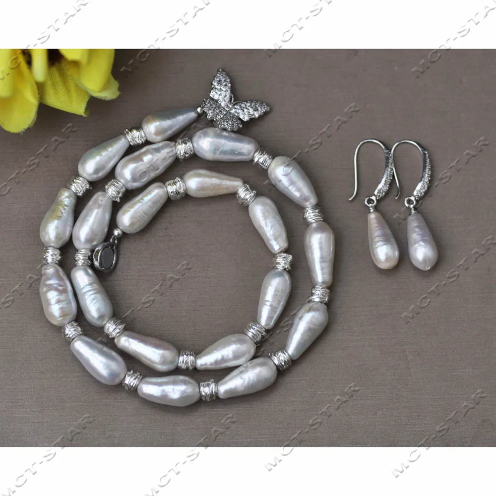 

Z14092 Set 17" 18mm White Teardrop Keshi Edison Pearl Necklace Dangle Earring CZ Magnetic Butterfly