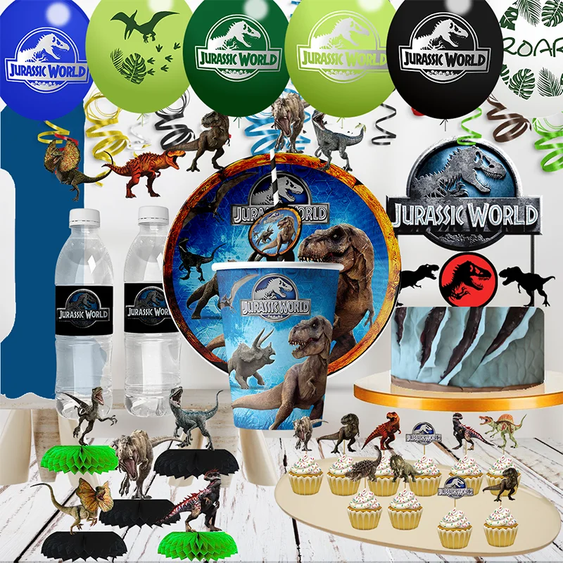 Disney Jurassic dinozaury DIY przyjęcie urodzinowe jednorazowe zastawy stołowe balon tło materiałowe etykieta na butelkę wody baby wanienki