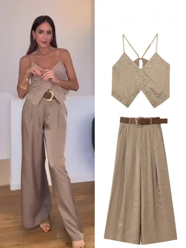 HH-Tops sexis con tirantes para mujer, Tops cortos marrones claros con cuello en V sin mangas bordados con cordones, decoración, Tops cortos a la moda para mujer