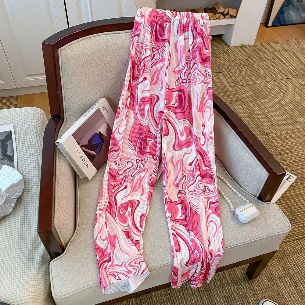 Water Wave Pattern Dyed Straight Tube Pants For Female Casual Pants With Elastic Waist Loose Floor Mop Pants