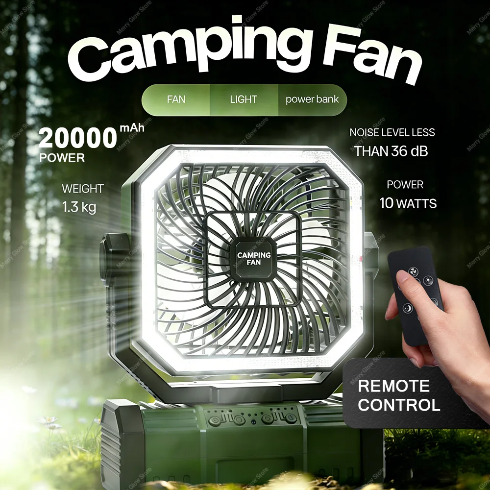 

Портативный вентилятор для кемпинга 20000 мАч со светодиодной подсветкой - бесшумный настольный вентилятор с четырьмя скоростями для отдыха на природе