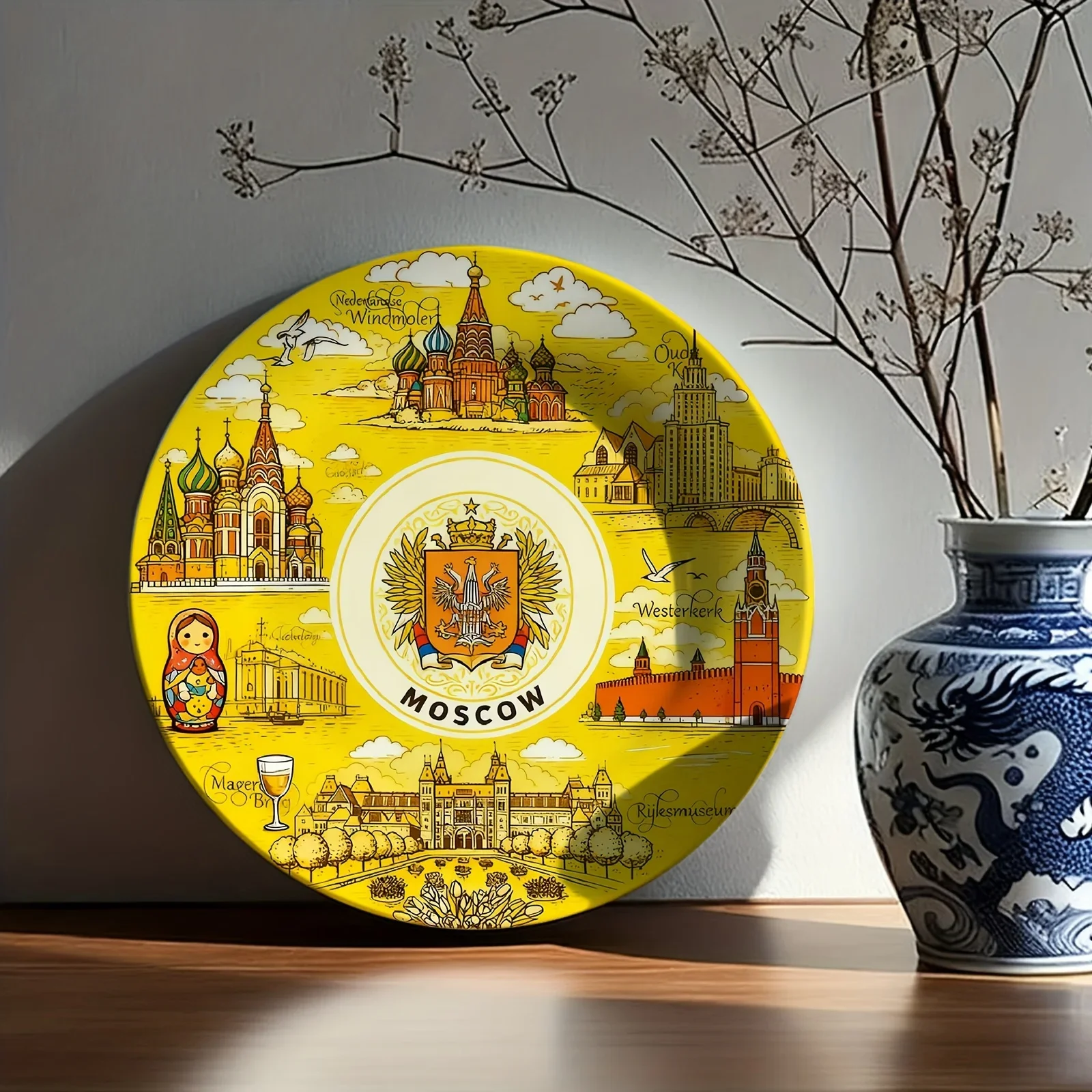 Single-Piece Decorative Plate with Moscow Design: Matryoshka on Yellow Background, Full Architectural Emblem Elements, Non-Food