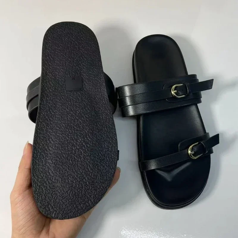 Buckle Strap Platform Slippers for Woman Classic Design Round Toe Leisure Soft Bottom Ladies Flat Shoes 2024 Summer Beach Slides