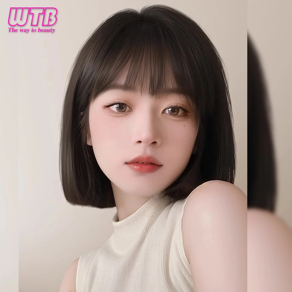 WTB Synthetic Short Straight Bob Hair Wig for Women Short Wigs with Bangs Heat Resistant Black/Brown Hair Cosplay Wig