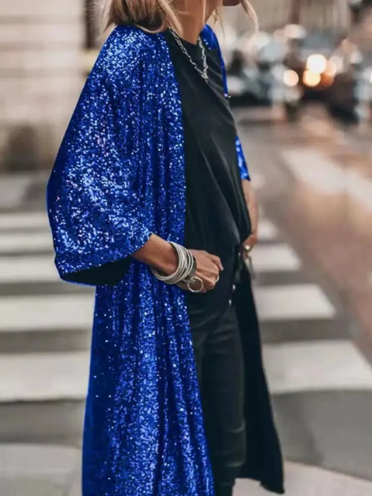 女性用 スパンコール ロング カーディガン ジャケット スパークリング オープン シャツ アウター ストリート スタイル スタンドカラー フルスリーブ ルーズ フィット コート