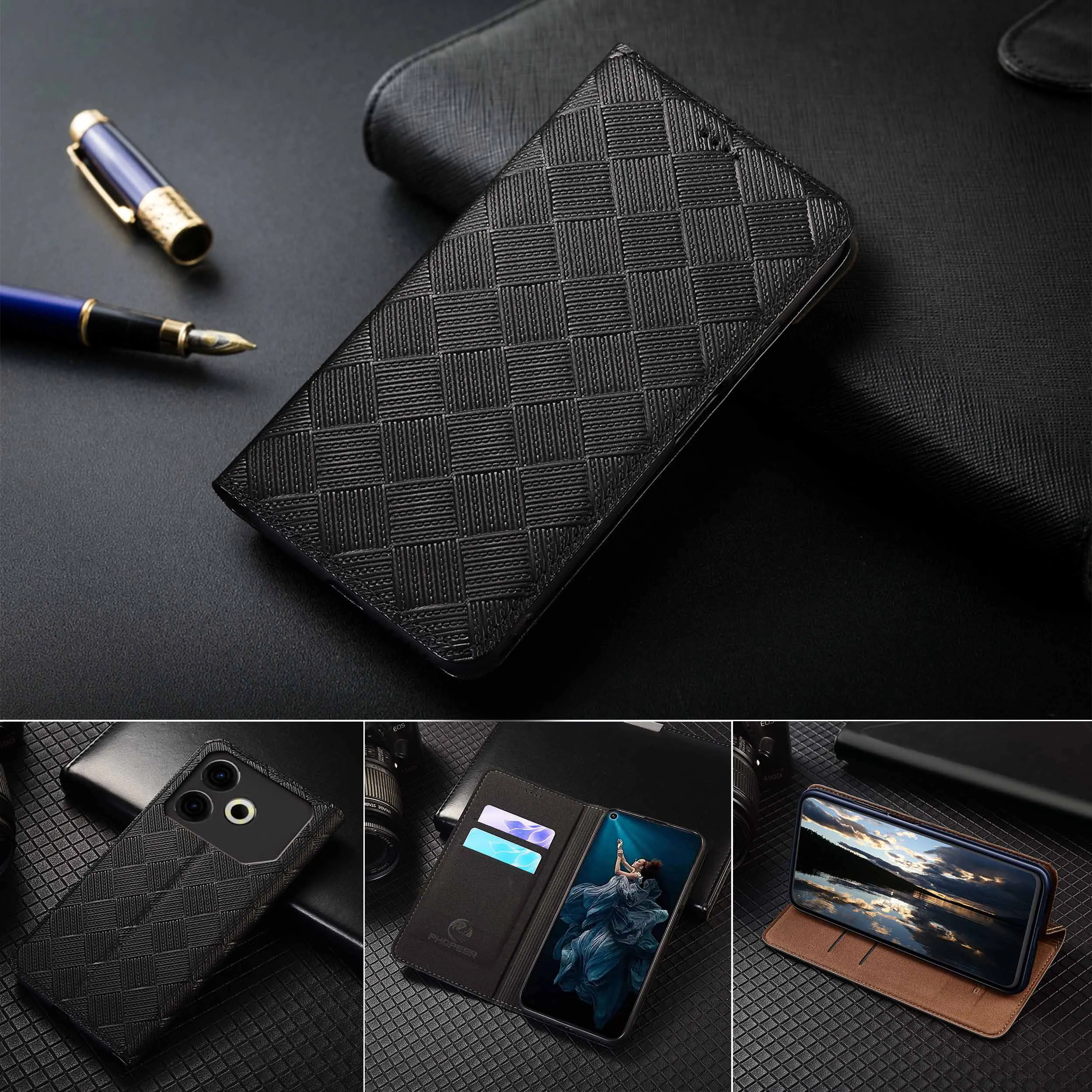 

For Tecno Pova 2 3 4 5 6 7 Neo Pro Ultra 4G 5G Knit Pattern Of Genuine Leather Wallet Flip Phone Cover Case Cowhide ScratchProof