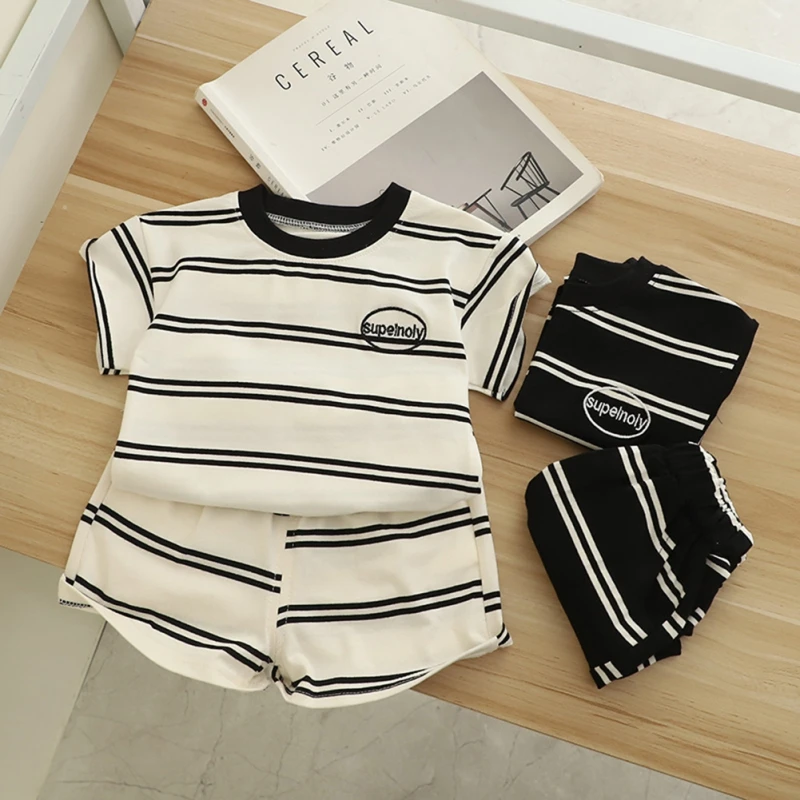 Boys Summer Pure Suit New Style Short Sleeve Shorts Cotton Two-Piece Children\'s Striped Handsome Summer Children\'s Suit