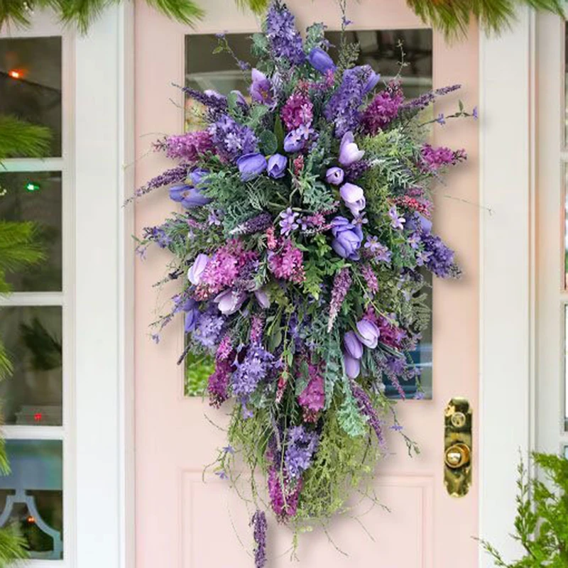 Spring Purple Tulip Wreath Summer Artificial Flower Lavender Swag Garland Home Decoration For Wedding Entrance Garden Front Door