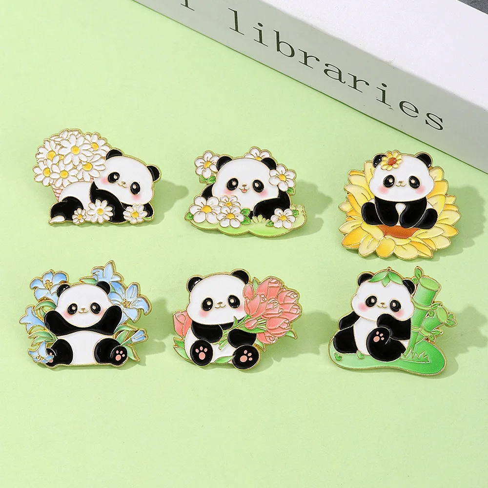 Cute Flower Panda Enamel Brooch Lapel Pin Chrysanthemum Sunflower Camellia Tulip Bamboo Cartoon Animal Metal Badge Jewelry Gift