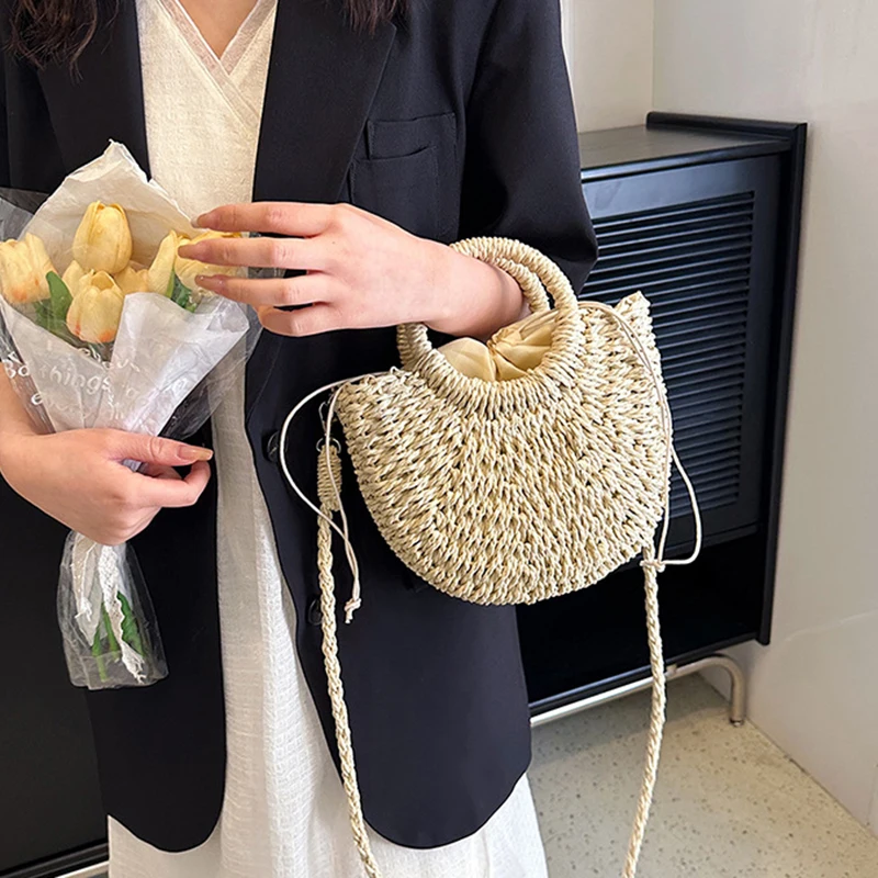 2026 NEUE Sommer Damen Handgefertigte Gewebte Stroh-Rattan Halbmond-Strandtasche Große Kapazität Hohle Crossbody Schultertasche – Detail 5