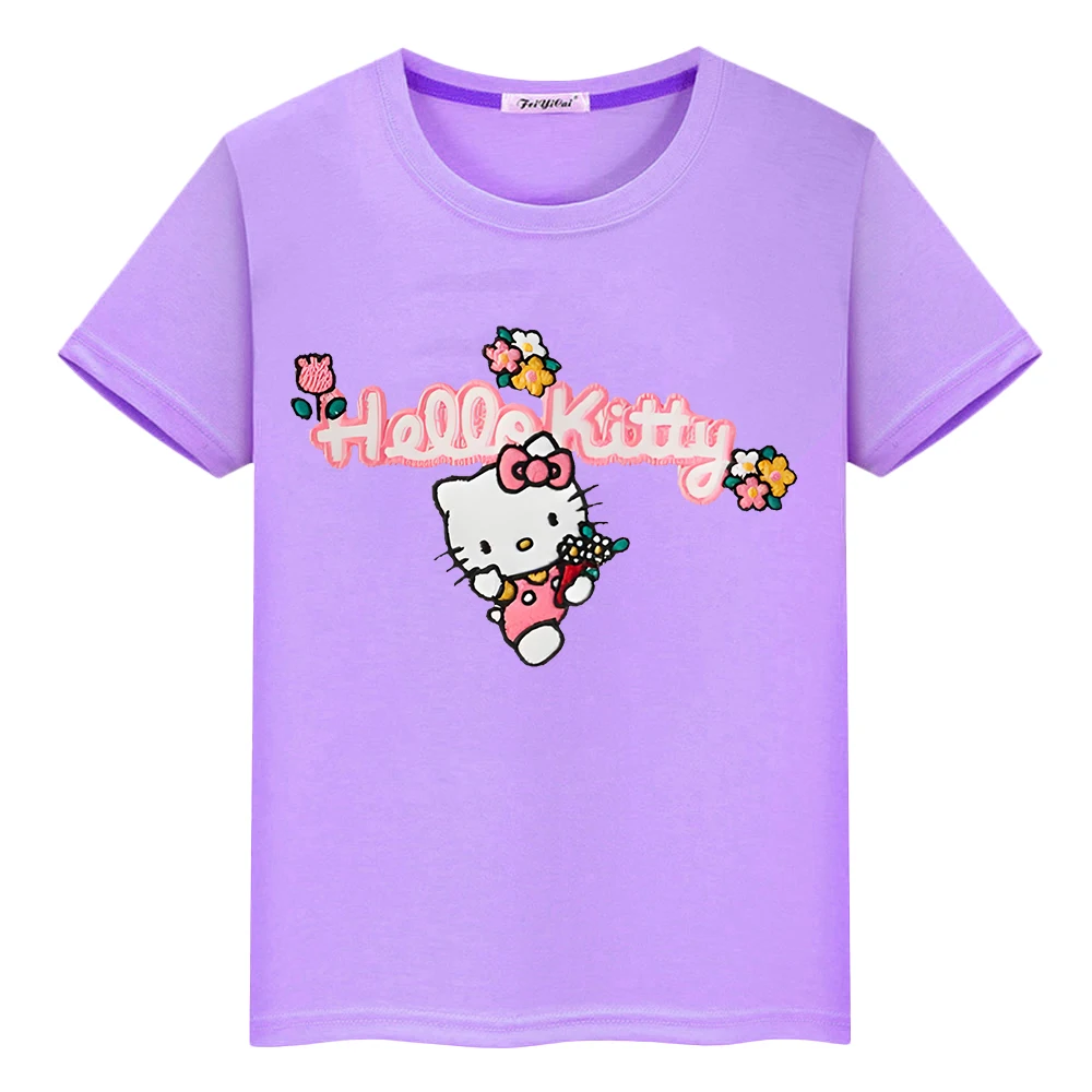 Camiseta con estampado de dibujos animados de hello kitty para niños y niñas, Tops cortos de Anime, ropa de una pieza y2k, 100% algodón, regalo de verano