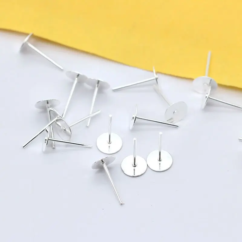 50pcs Metal Blank Earring Stud Base Fit 8 10 mm Silver Plated Earring Post Flat Base Pins Settings DIY Jewelry Making