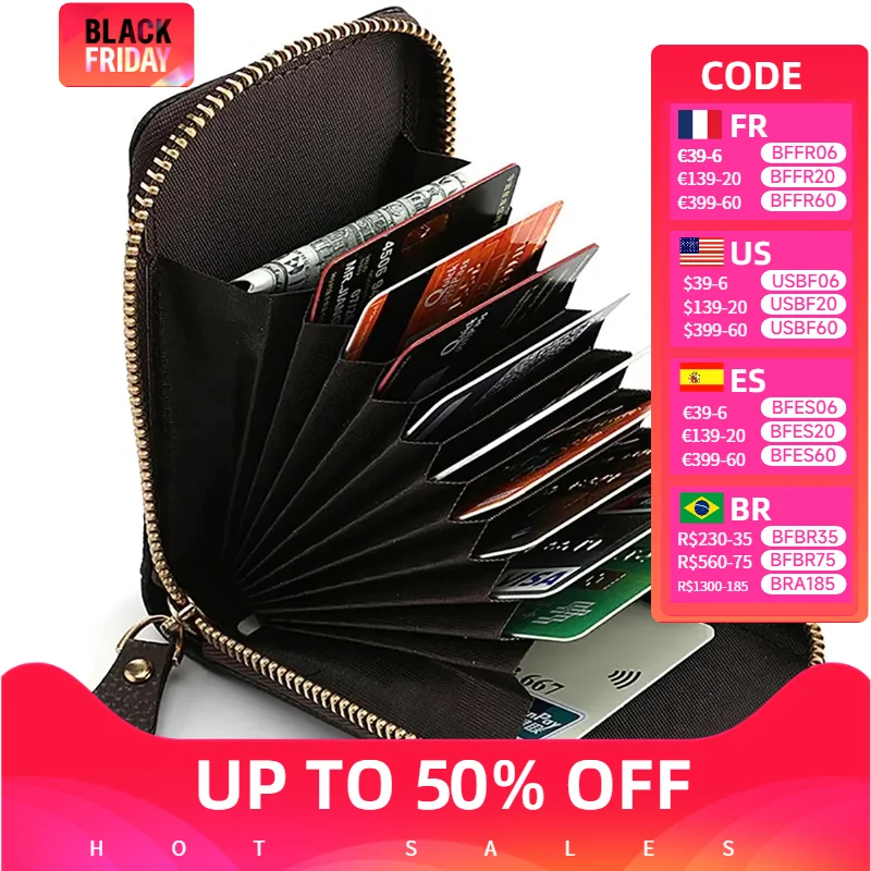 Fashion Large Capacity Genuine Leather Credit Card Holder Men Women Zipper Leather Purs