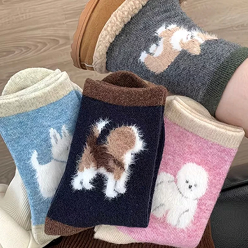 

1/5Pairs Flocking Cute Puppy Socks Autumn and Winter Thicken Warm Furry Retro Korean Ins College Middle Tube Socks for Women Men