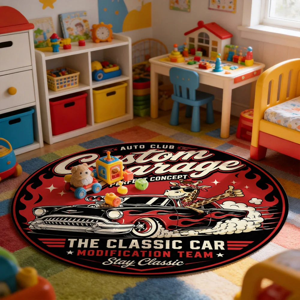Vintage Car Garage Auto Club Classic Car Modification Team Stay Classic Round Doormat Mat for Garage Entrance