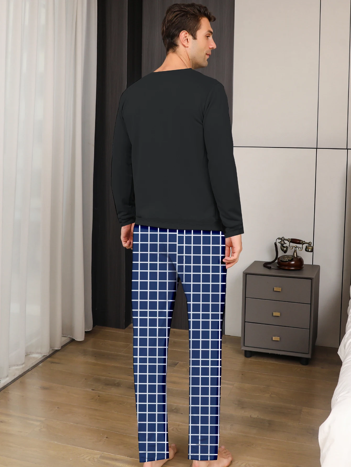 Two piece sets men's pajamas autumn and winter long sleeved pants checkered sleepwear set