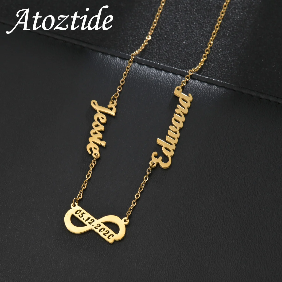 Atoztide Personalized Custom Name Date Necklace for Women Stainless Steel Link Chain Unlimited Pendant Couple Jewelry Gift